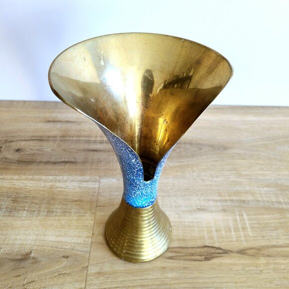 Vintage solid brass and blue enamel one of a kind design vase with opening. - Picture 2 of 9